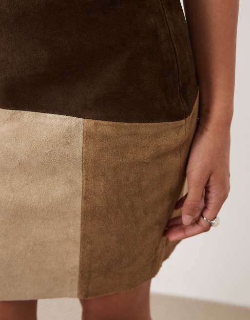 Barneys Originals Patchwork real suede mini skirt in brown, 4 of 5