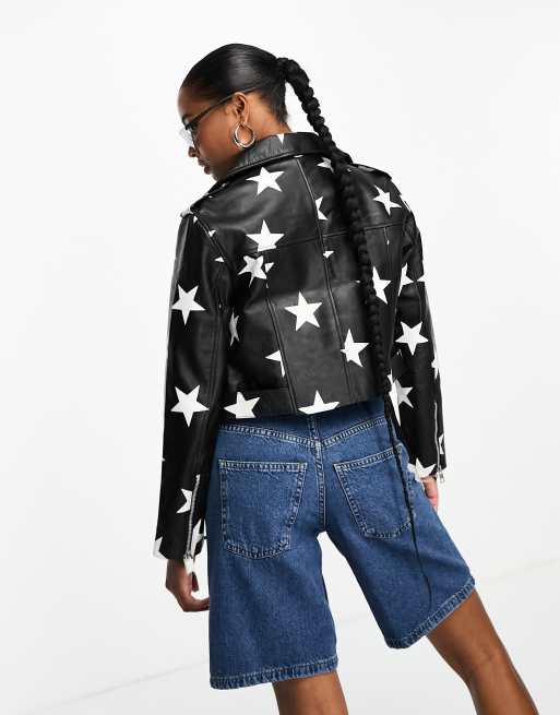 Women's Star Print Leather Biker Jacket