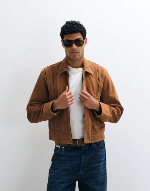 Barneys Originals Pleated real suede harrington jacket in tan | ASOS