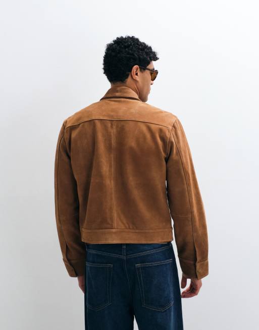 Barneys Originals Pleated real suede harrington jacket in tan | ASOS