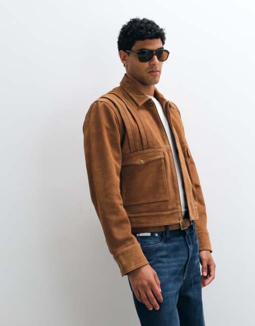 Barneys Originals Pleated real suede harrington jacket in tan | ASOS