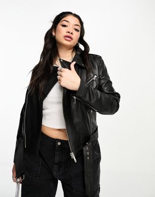Barney’s Originals Plus Emma real leather jacket with belt in black
