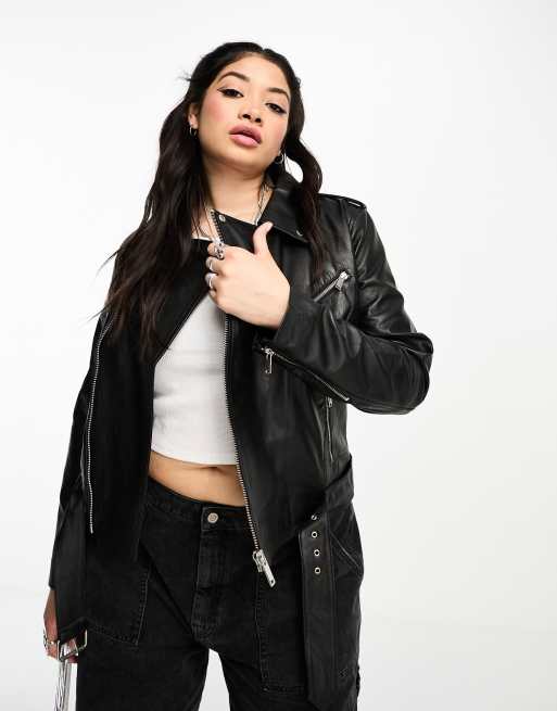 Barney's Originals Plus Emma real leather jacket with belt in black | ASOS