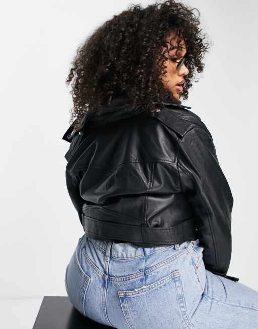 Barney s Originals Plus real leather cropped biker jacket