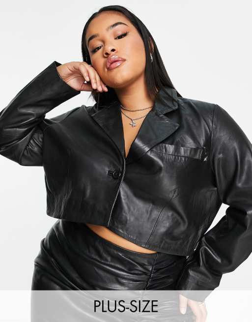 Barney's Originals Plus real leather cropped boxy blazer