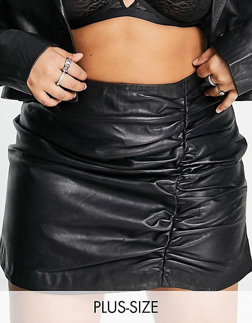 Barneys Originals Plus real leather mini skirt with ruched side in black