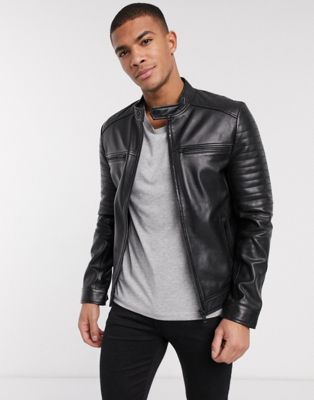 Barney's Originals quilted leather racer jacket | ASOS