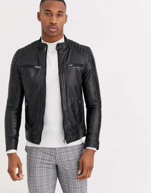 Barneys Originals real leather 4 pocket biker jacket | ASOS