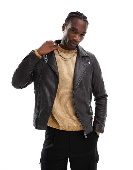 Barneys originals real leather asymmetric biker jacket in brown ASOS