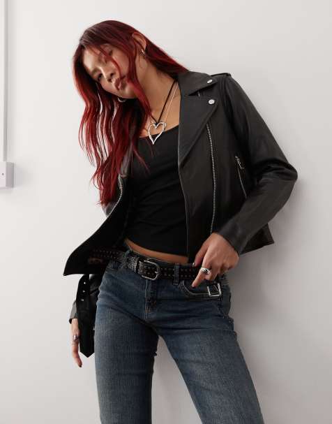 Barneys originals real leather belted biker jacket in black - view 1