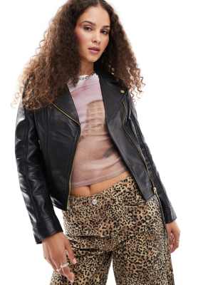 Barney s Originals leather biker jacket with mock croc panels Black Compare Grazia