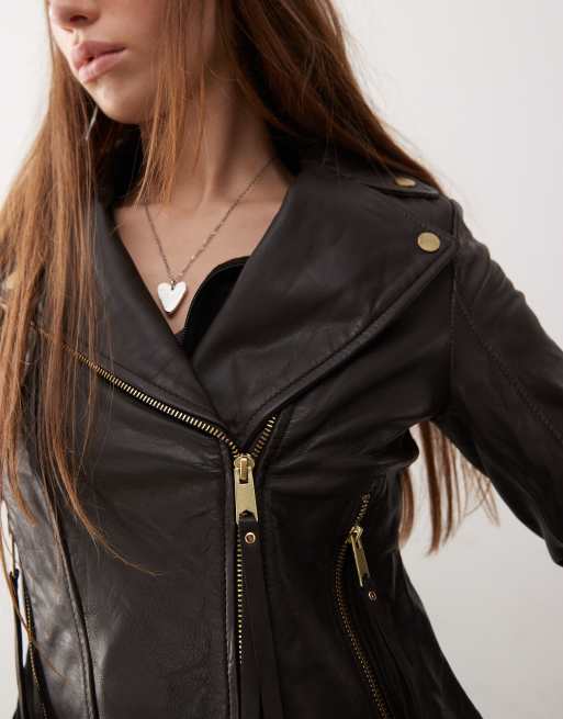 Barneys originals real leather biker jacket in chocolate, 4 of 4