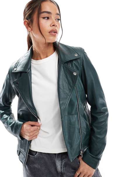 Barneys Originals real leather biker jacket in green - view 1