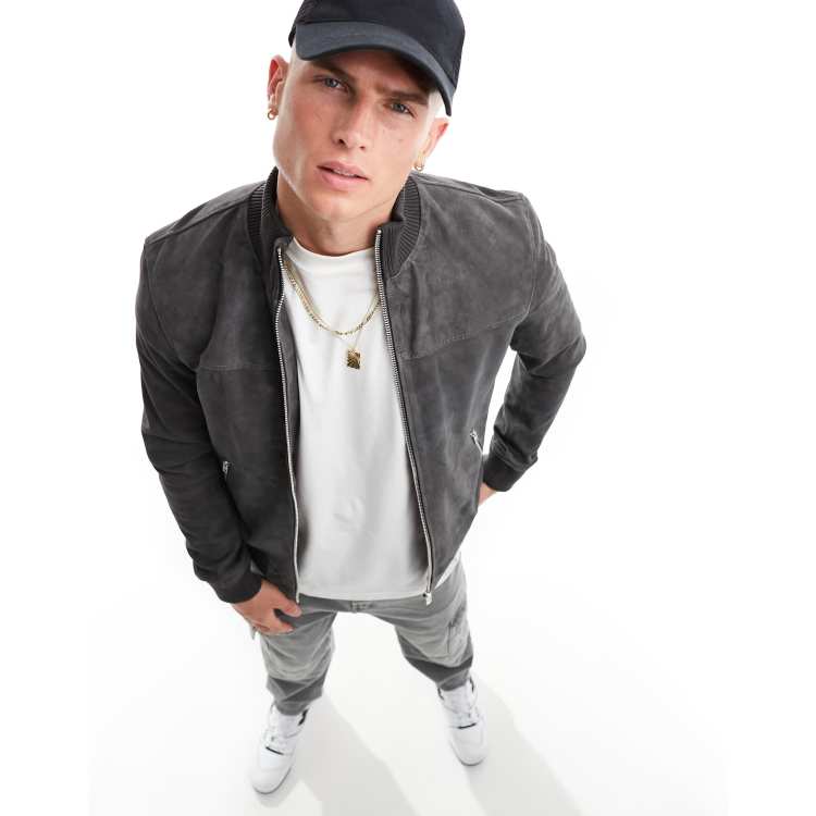 Grey leather clearance bomber jacket