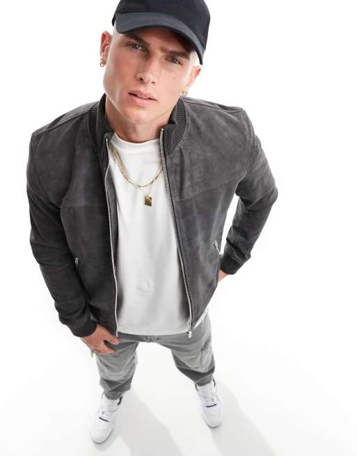 Mens grey outlet leather bomber jacket