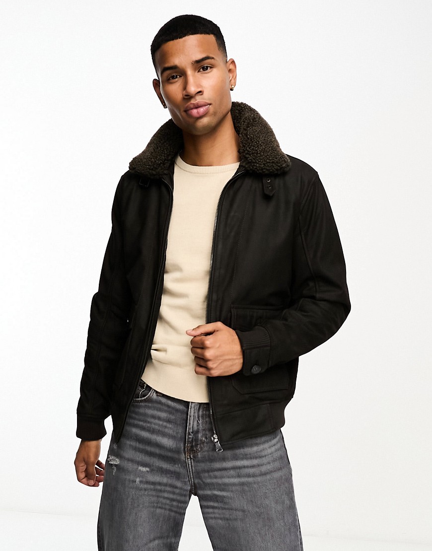Barneys Originals real leather bomber jacket with collar in chocolate brown