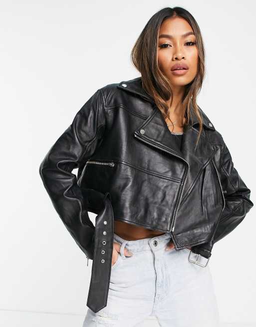 Barney's Originals real leather boxy cropped jacket | ASOS