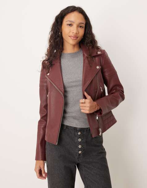 Barneys Originals Real leather burgundy asymmetric biker in burgundy