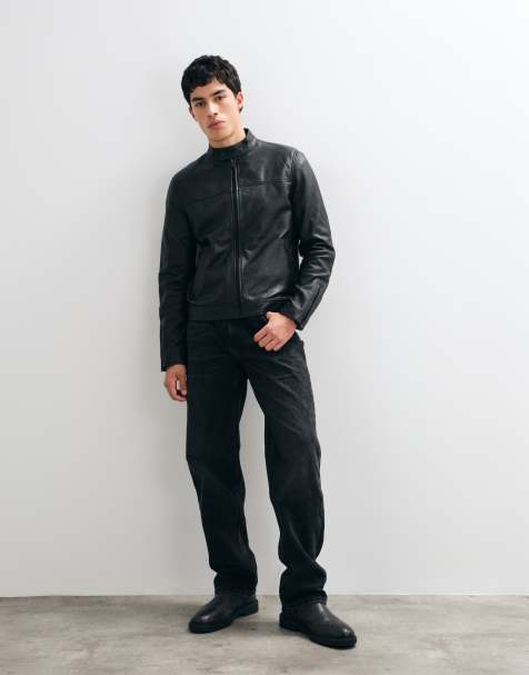 Barneys Originals Real leather café racer jacket in black in black - view 1