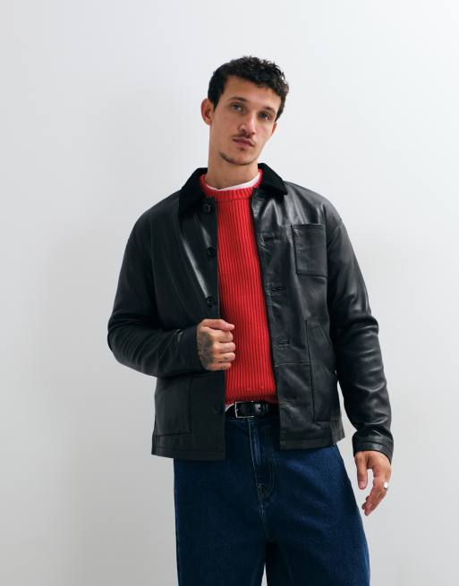 Barneys Originals Real leather chore jacket in black, 3 of 5