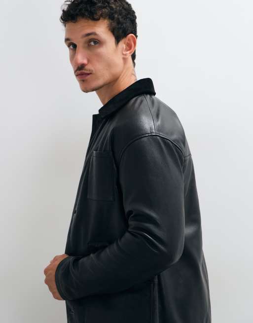 Barneys Originals Real leather chore jacket in black, 4 of 5