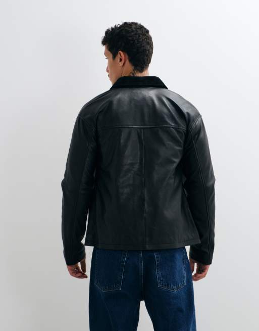 Barneys Originals Real leather chore jacket in black, 5 of 5