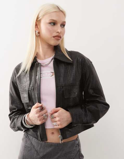 Barneys originals real leather croc print jacket in black - view 1