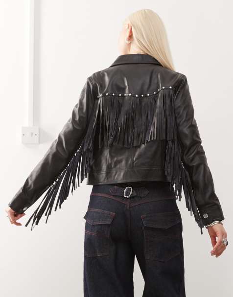 Barneys originals real leather fringe trucker in black - view 1