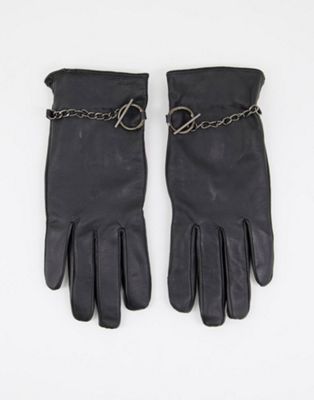 Barney's Originals real leather gloves with chain in black