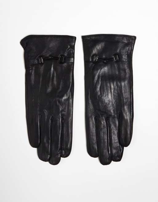 Barney's Originals real leather gloves with gold buckle detailing in black