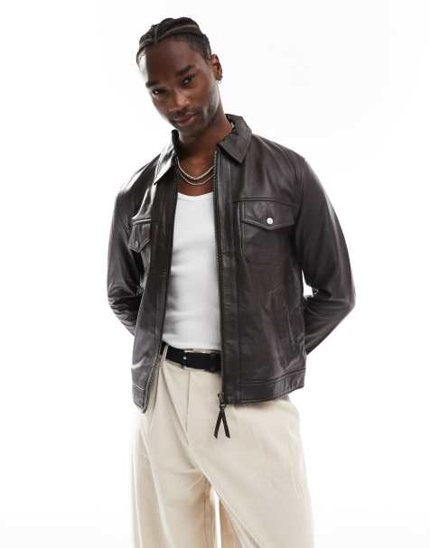 Barneys originals real leather harrington in brown in brown - view 1