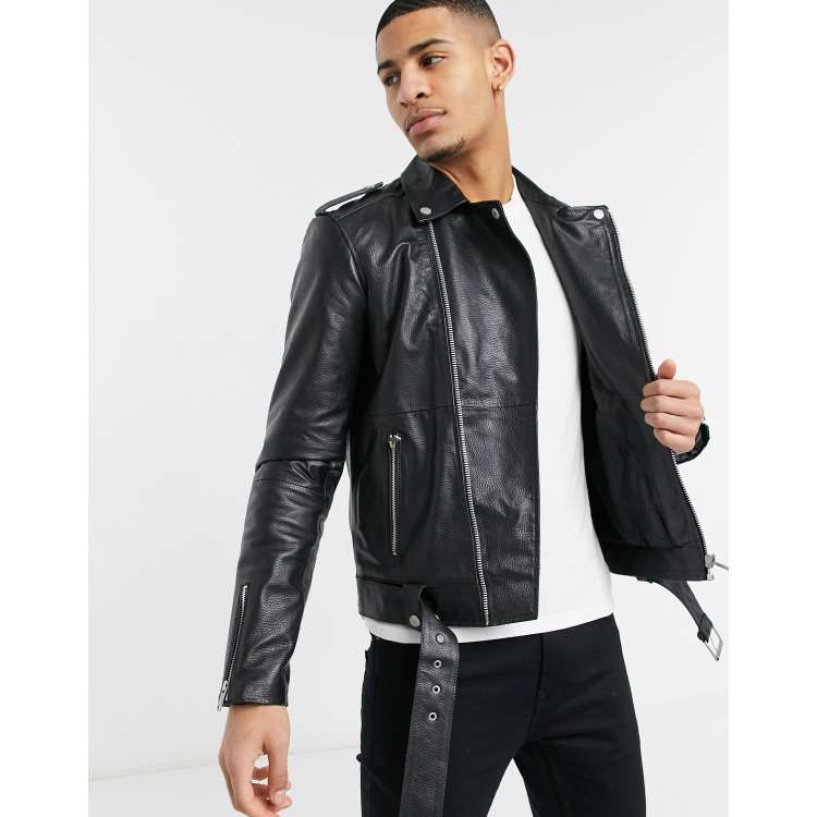 Barney s Originals real leather oversized biker jacket in black ASOS