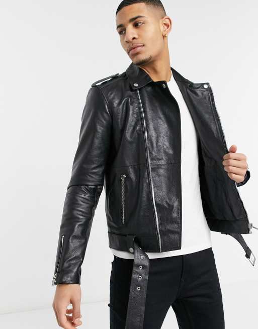 Barney's Originals real leather oversized biker jacket in black | ASOS