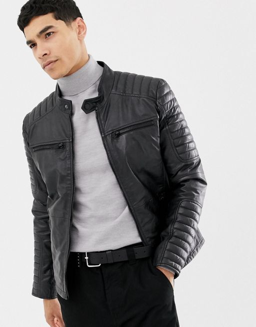 Men's Leather Biker Jacket with Quilted Ribbed Sleeves - Barneys