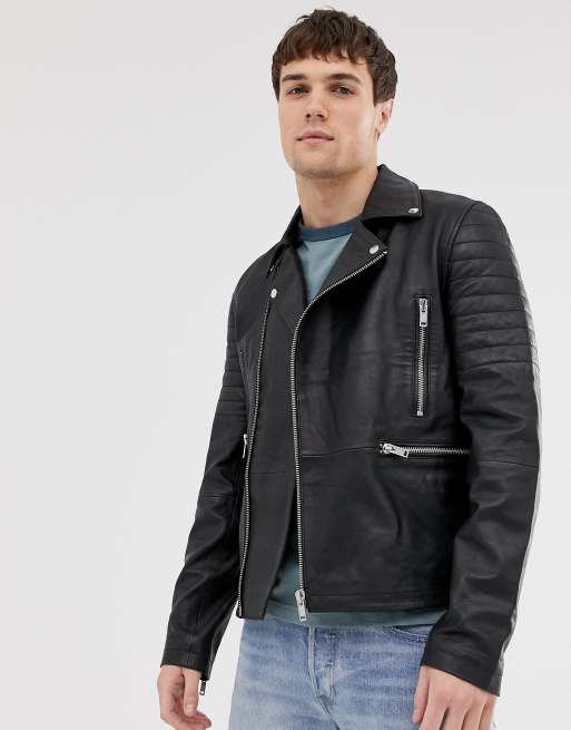 Barney's Originals real leather quilted zipped biker jacket | ASOS