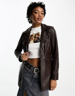 Barneys Originals real leather relaxed fit blazer in chocolate brown - ASOS Price Checker