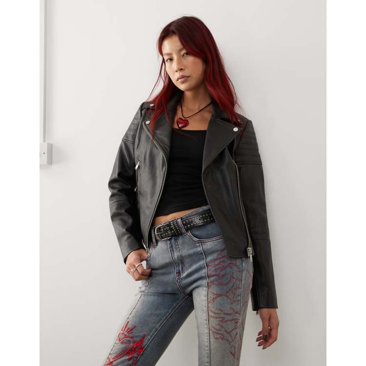Barneys originals real leather textured biker jacket in black ASOS