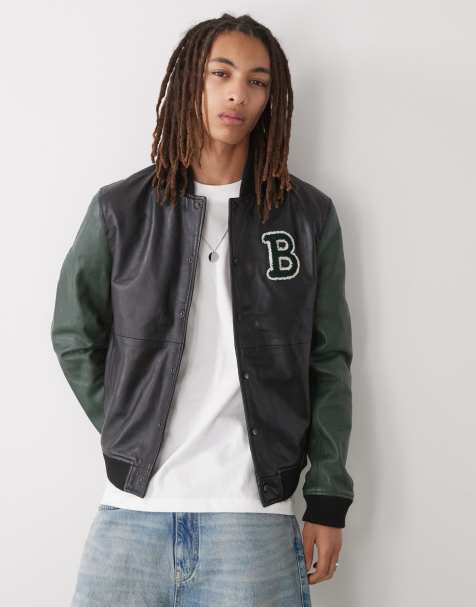 Barneys Originals Real leather varsity bomber jacket in black / green - view 1