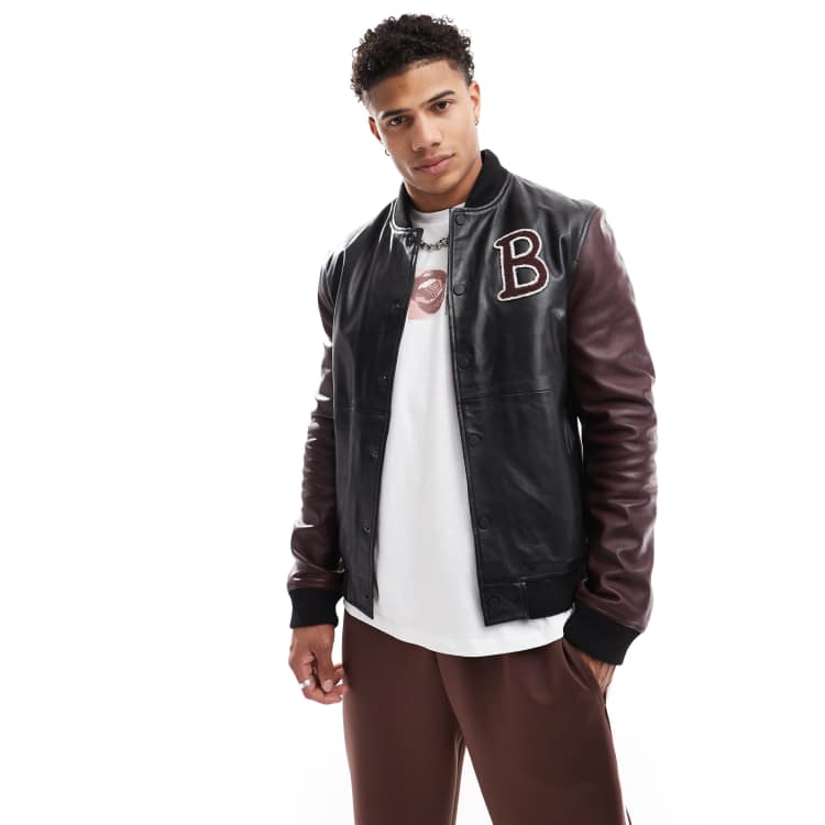 Barneys Originals Real Leather Varsity bomber jacket in black ASOS