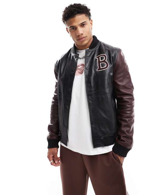 Barneys Originals Real Leather Varsity bomber jacket in black