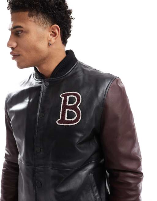 Barneys Originals Real Leather Varsity bomber jacket in black