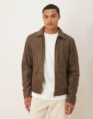 Barneys Originals Real leather vintage wash harrington in brown