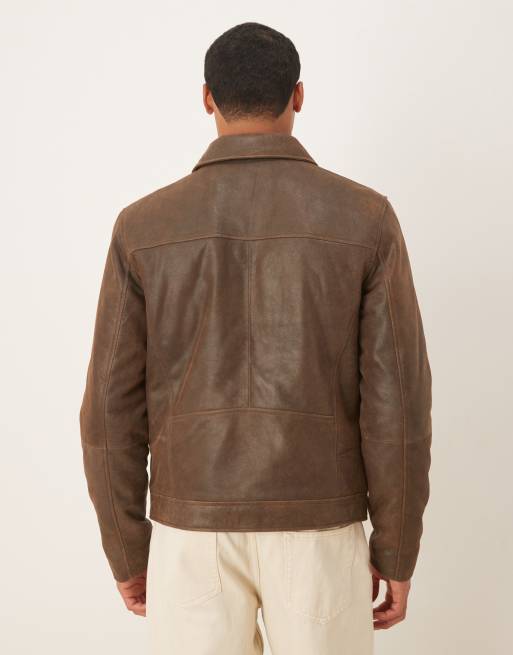 Barneys Originals Real leather vintage wash harrington in brown | ASOS