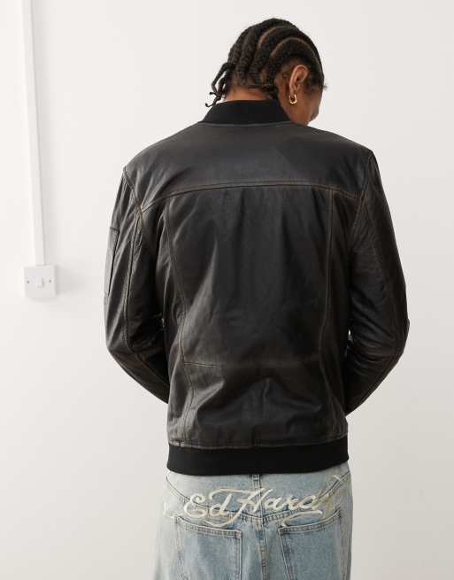 Barneys Originals real leather washed bomber jacket in black ASOS