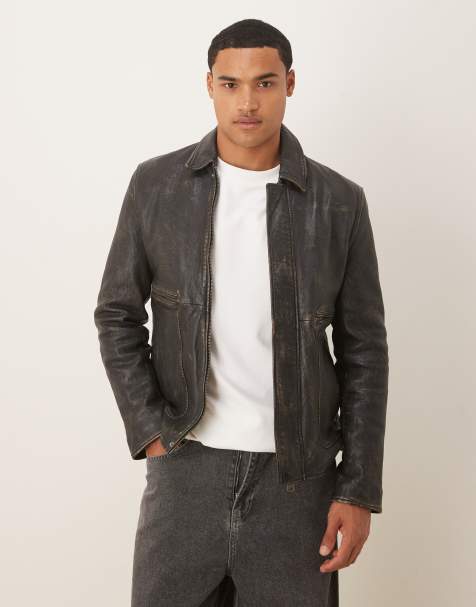 Barneys Originals Real leather washed harrington in black - view 1
