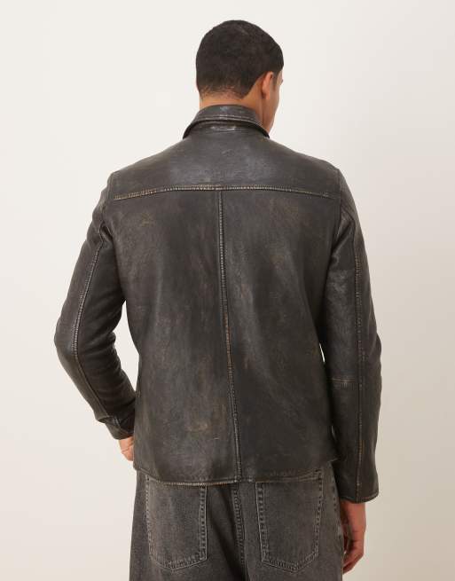 Barneys Originals Real leather washed harrington in black, 3 of 5