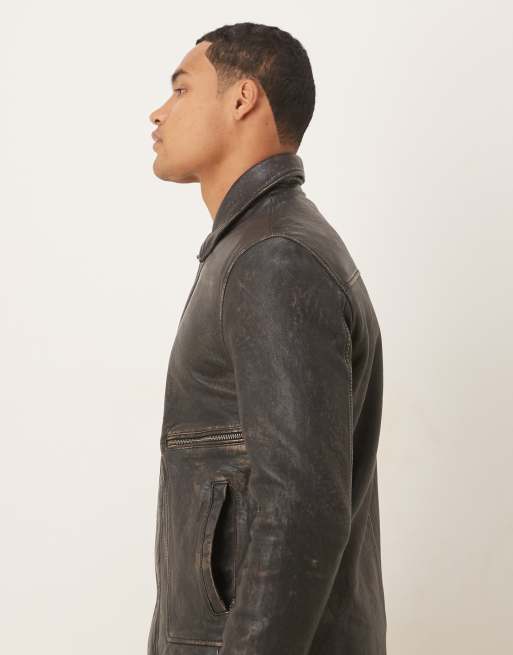 Barneys Originals Real leather washed harrington in black, 4 of 5
