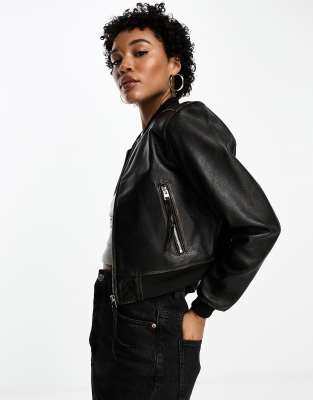 Barneys Originals real leather zip up bomber jacket in black