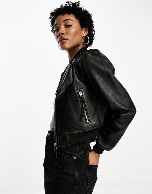 Barneys Originals real leather zip up bomber jacket in black | ASOS