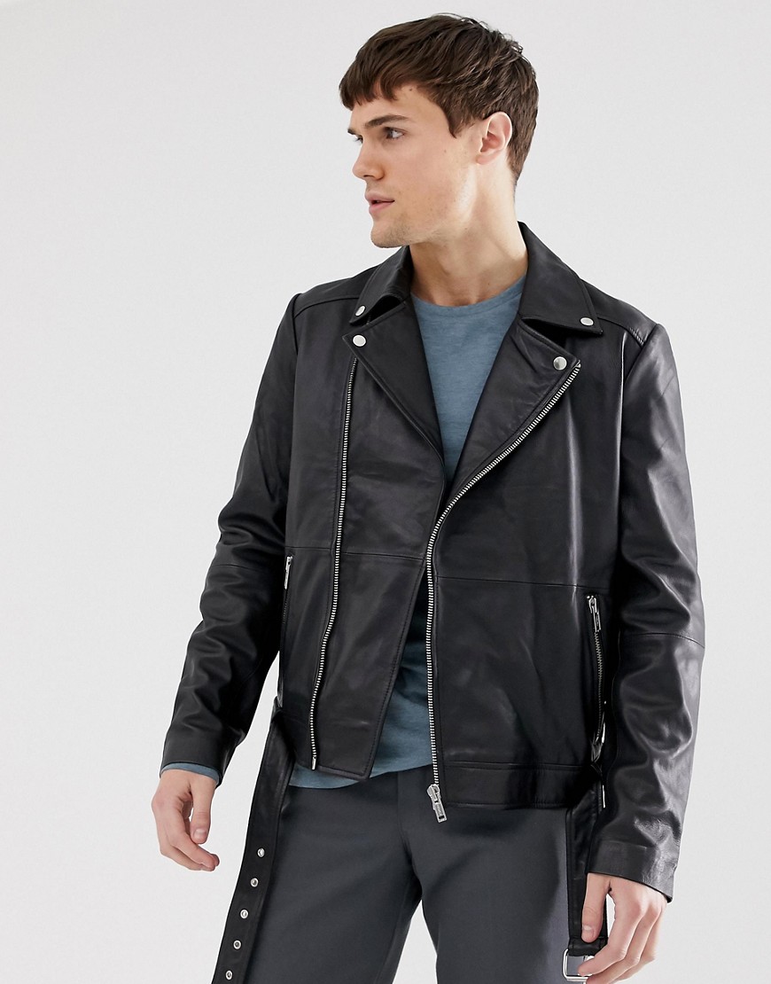 Barney's Originals real leather zipped biker jacket with belt-Black